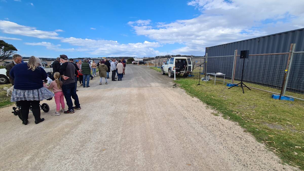 PUBLIC MEETING: Residents gathered at the site of the proposed SA Water desalination plant on Hog Bay Road at the entrance to Penneshaw on Sunday, April 24. Photo: SUPPLIED