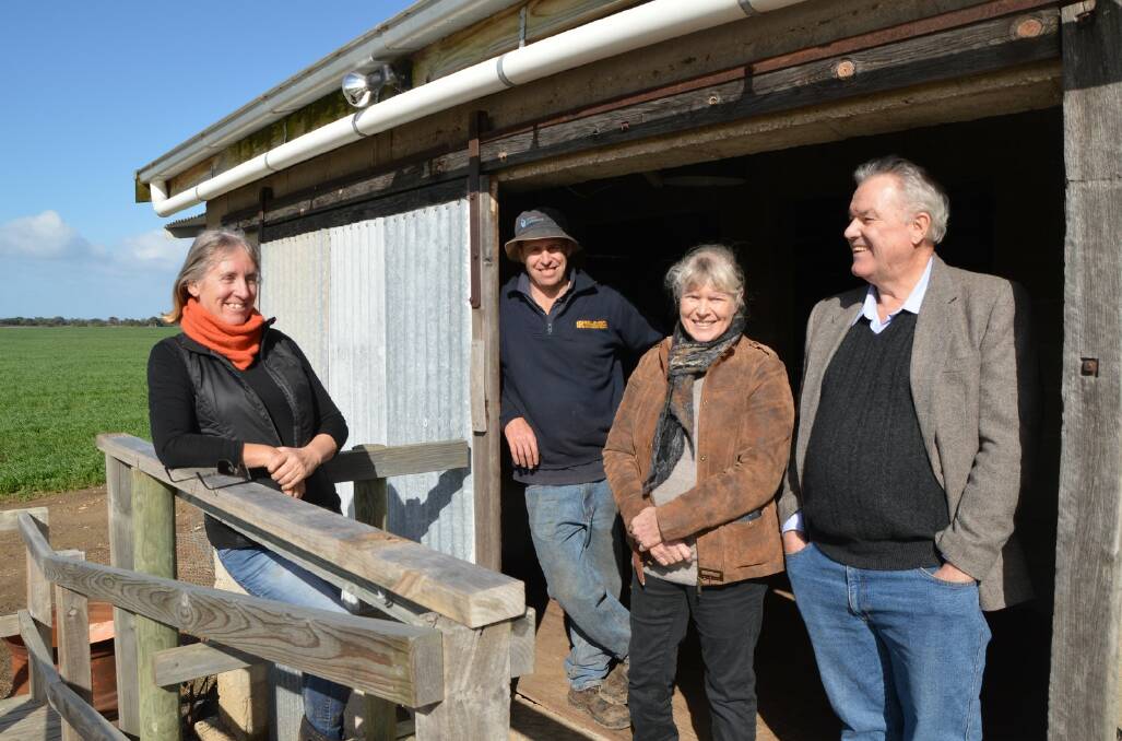 WOOL SHED: KI Wool chairperson Christine Berry, committee members Lachie Bell and Deb Johnsson and secretary Greg Johnsson at the Bell's old shearing shed at Cygnet River on Kangaroo Island. Photo supplied 