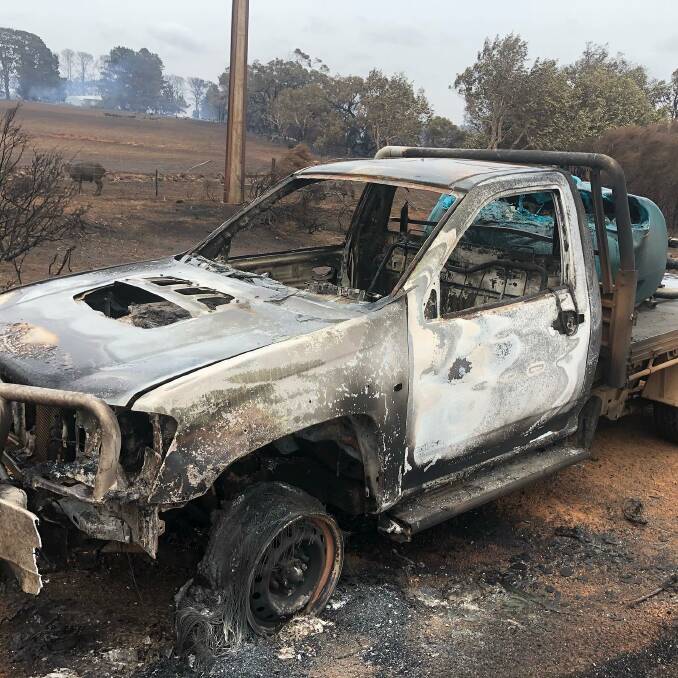 The remains of John Symons ute after he escaped to a burned-out paddock. Photo Turkey Lane Merinos 