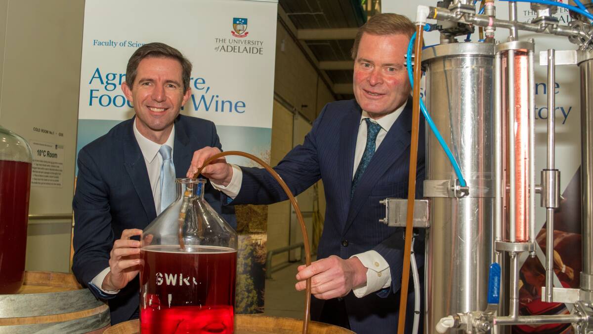 SURGING AHREAD: Training and Education minister Simon Birmingham and University of Adelaide vice chancellor Peter Rathjen open the new wine research facility at Adelaide's Waite campus.
