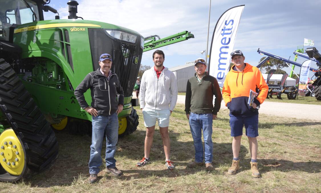 VALUABLE EXPERIENCE: Linden Price, Narridy, James Venning, Bute, Rob Price, Redhill, and Jordan Green, Bute, know the value of getting a first-hand look and advice on equipment at the Yorke Peninsula Field Days.