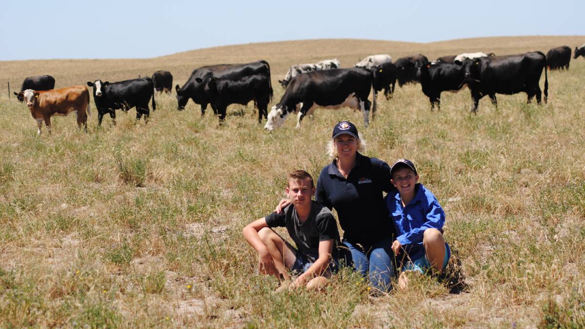 VEALER FOCUS: Renee Mooney (centre) with her sons Callum, 12, and Liam, 10, at their Tintinara property where Simmental bulls play an important role in the production of quality milk vealers.