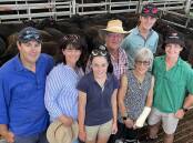 THREE GENERATIONS: Luke and Karen Rees, Gil and Glenda Rees and Mia, 13, Joel, 17, and Alex, 15, Roo Park Pastoral, Telangatuk East, sold 82 Angus steers, 10-11 months, including 28 steers, 297kg, for 778c/kg or $2310.