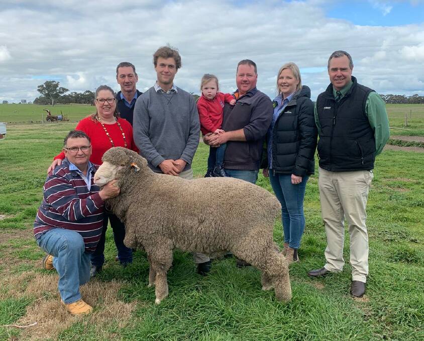 INTERSTATE BUY: Callowie stud principals Richard and Jacquie Halliday, Westech Ag's Stuart Kyle, Angus Halliday, Marli, Ben & Tracie Dunstall, Cove Station, Kaniva, Vic, who bought the $5000 top price ram, and Landmark's Richard Miller.