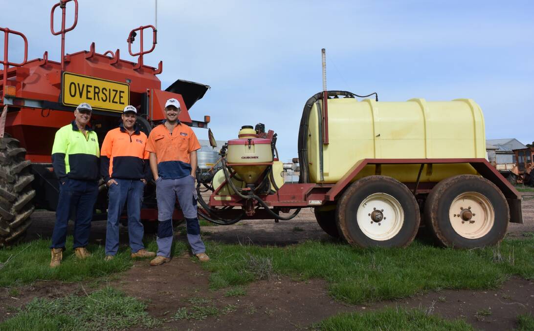 SECOND USE: John, Matthew and James Davey, Kalimar Ag, Clinton Centre, with their Hardi Commander 4228 spray cart, which has been attached to their Horwood Bagshaw airseeder, and repurposed to carry liquid inoculant.
