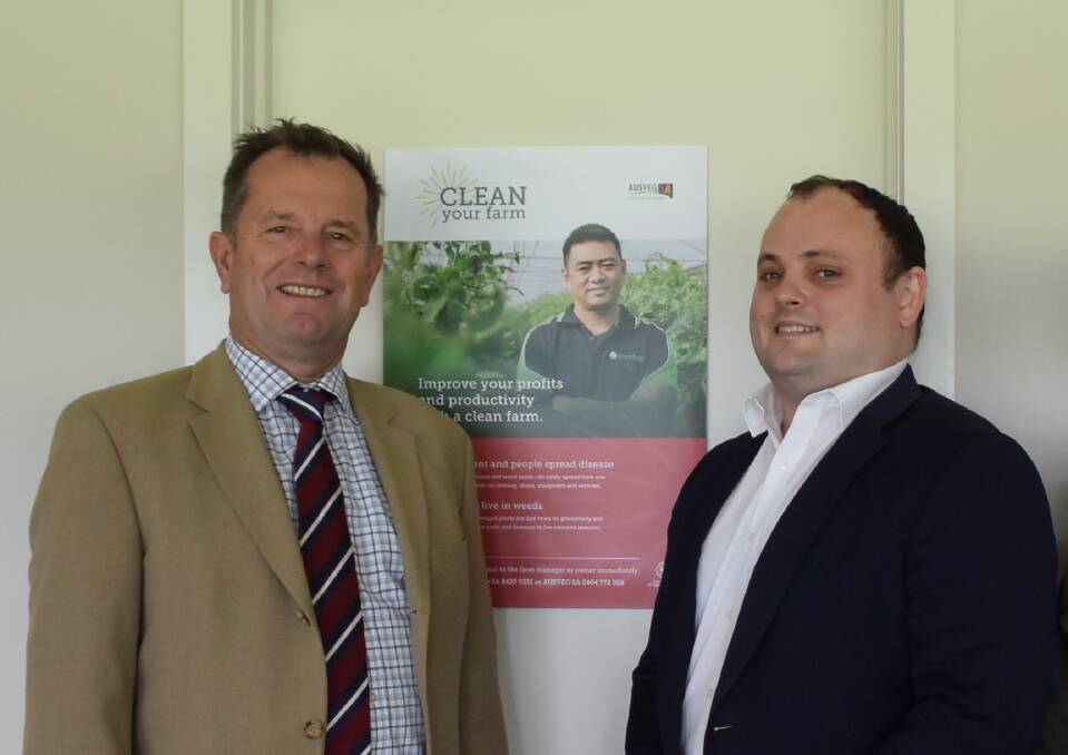 Joint initative: Primary Industries Minister Tim Whetstone and AUSVEG SA chief executive officer Jordan Brooke-Barnett at the launch of the Clean Your Farm program.
