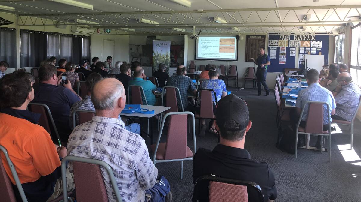 Sean Mason presenting to a full house at a Cambrai workshop, where he presented information about the nutrition status of eroded paddocks.