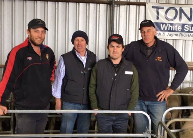 BID UP: Josh Keller from J&J Keller Holdings, Tongara White Suffolk Stud's Leigh Richards and Aaron Richards, and Lyndon Hampel, CA Hampel & Partners. Mr Keller and Mr Hampel each paid the top price of $2400 for lot 46 and lot 2, respectively.