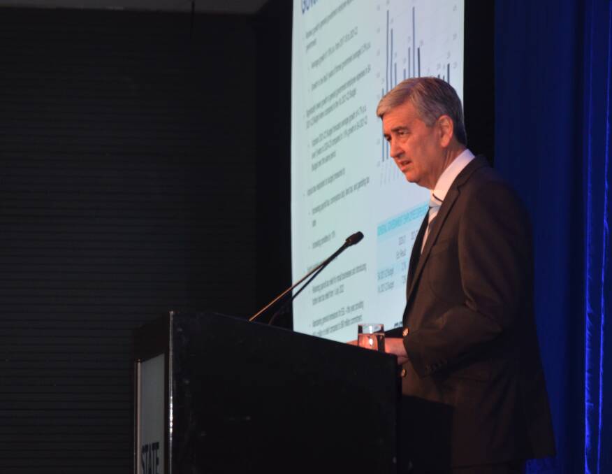 FUNDING OUTLINED: SA Treasurer Rob Lucas presenting the State Budget in Adelaide on Tuesday.