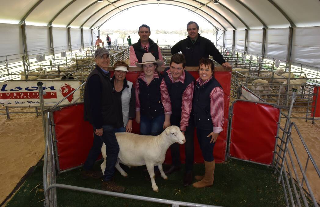 TOP WHITE DORPER: Buyers Randell and Ros Brown, Arnar Pty Ltd, Hindmarsh Tiers, Red Rock's Amelia, Thomas and Tanya Edson, with auctioneers Steven Doecke and Richard Miller standing on the rostrum.