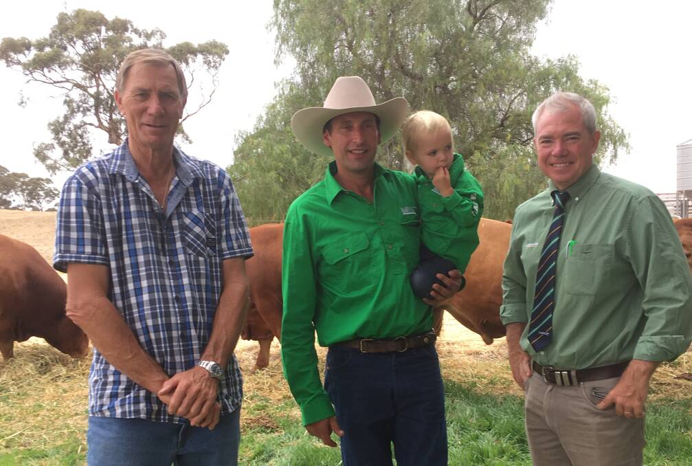 Purchaser of top priced bull Kevin Beal, Shannalea stud, WA with Maryvale principal Matt Vogt holding son Mostyn Vogt and Landmark auctioneer Leo Redden