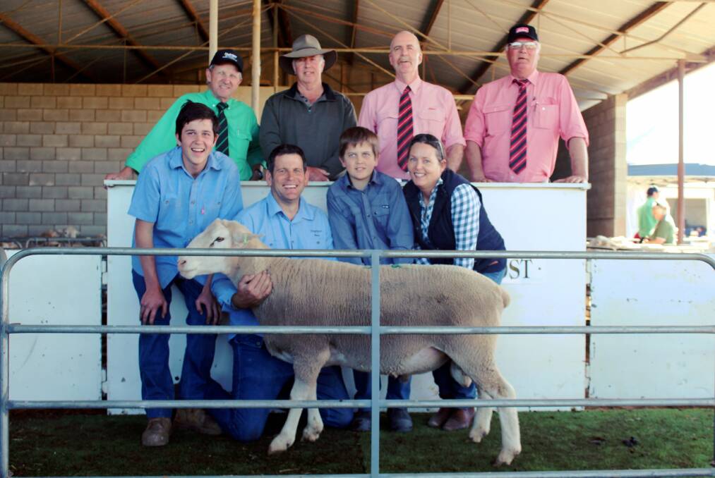 CHARITY RAM: The $1300 proceeds of lot 56 were donated to the McGrath Foundation. Pictured (back) Kev Keller, Nutrien; buyer Brian Landseer, Milang; Tom Penna and Peter Keynes, Elders. Front: Galaxy Park and Fingerpost stud's Lahlan, Barrie and Mitchell Gale and Emma McKay.