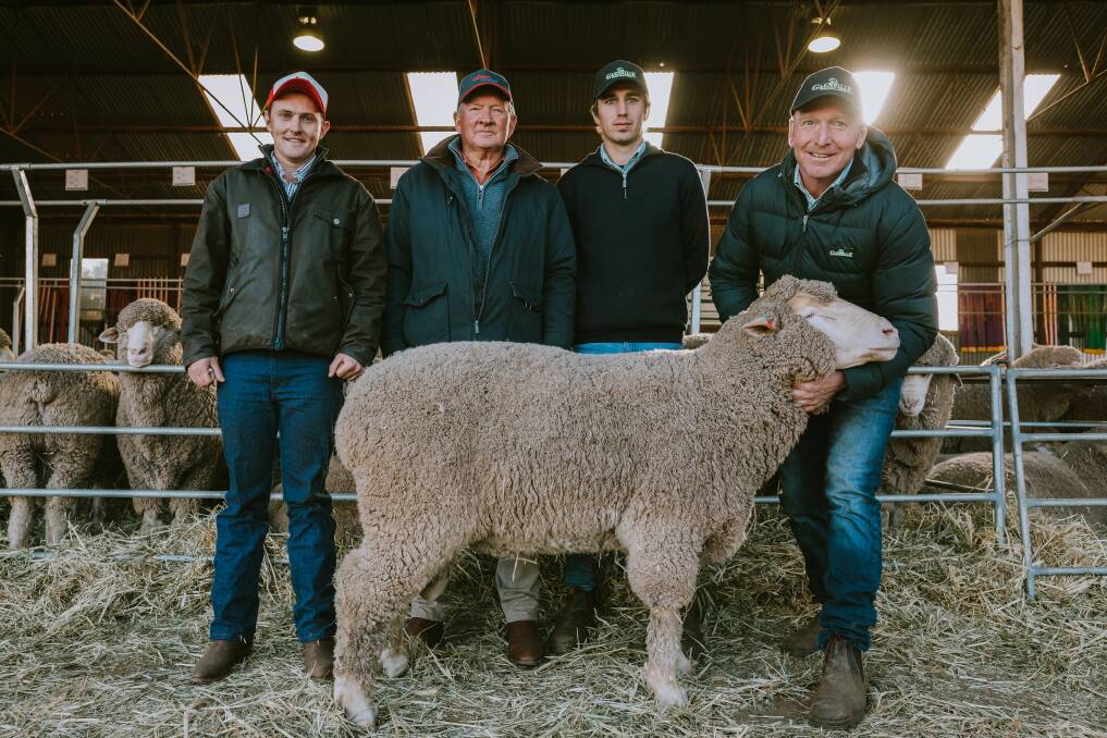 PROVEN PERFORMANCE: The stud's 2020 equal top-priced ram sold to Alma Stud NSW for $9000 with buyers Will, left, and Graham Morphett, and Klay and Daryl Smith.