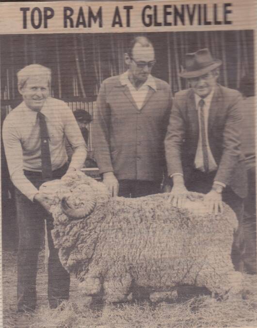 EARLY DAYS: One of the first Glenville on-property sales in 1975 with Barry Smith, left, AR Haywood, who was the buyer of the top-priced ram at record price of $410, and Mervyn Smith.