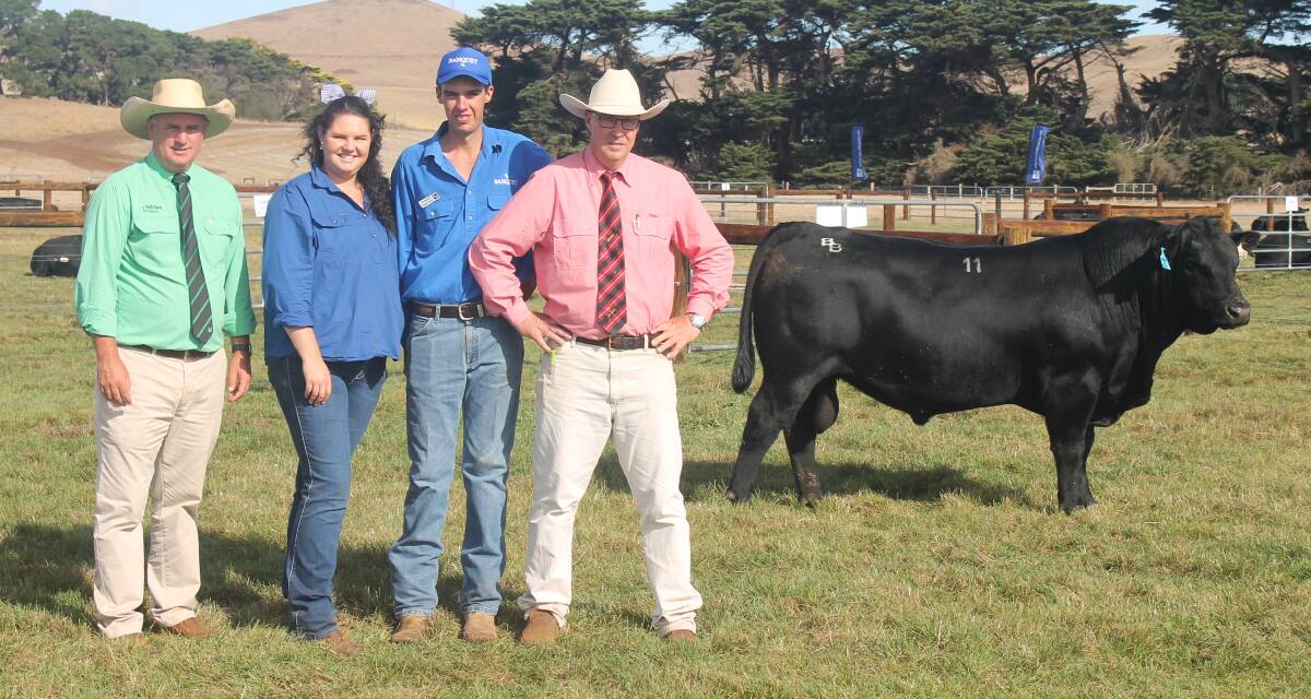 Peter Godbolt, Nutrien; Dianna Meulendyks and Hamish Branson, Banquet, Mortlake, Vic; and Ross Milne, Elders, with the $230,000 record bull. Picture by Philippe Perez