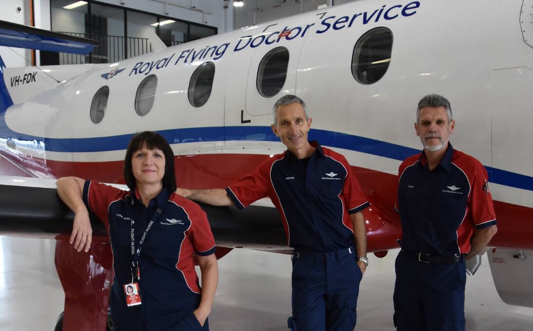 FUNDS VITAL: Fundraising efforts help maintain RFDS crews including flight nurse Jodie Hunter, chief medical officer John Woodall and pilot Chris Thompson.