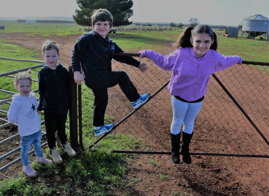 FUTURE FARMERS: The fourth generation of potential Schutz farmers are siblings Maggie, 2, and Mason, 5, with their cousins Tarkyn, 7, and Ayla, 9. 