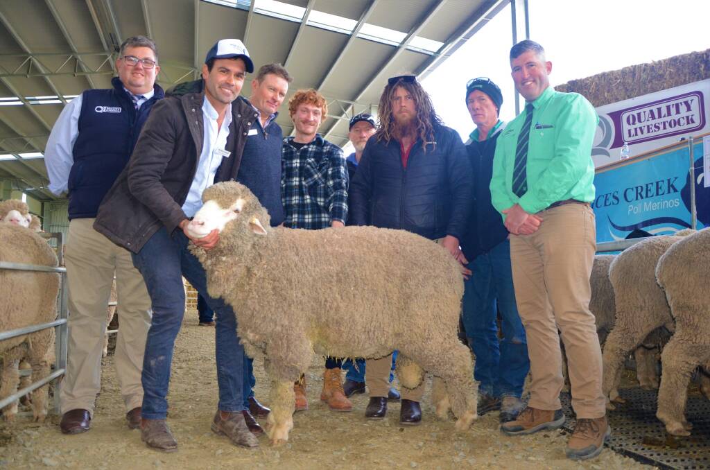 Quality Livestock's David Whittenbury, Rices Creek principal James Vandeleur and Kym Vandeleur with the $7200 top price ram buyers Mitchell Bowden, Philip Bowden, Michael Bowden and John Bowden, and Nutrien Ag Solutions Strathalbyn Andrew Wilson. 