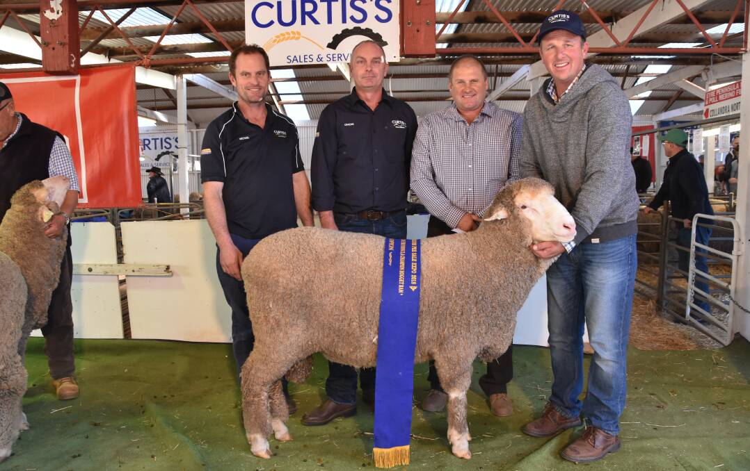 TOP RAM: Elders Hogget of the Year with sponsors Michael and Graeme Curtis, judge Justin Boughen, Karoonda, and White River Merino stud's Wes Daniell, Poochera. 