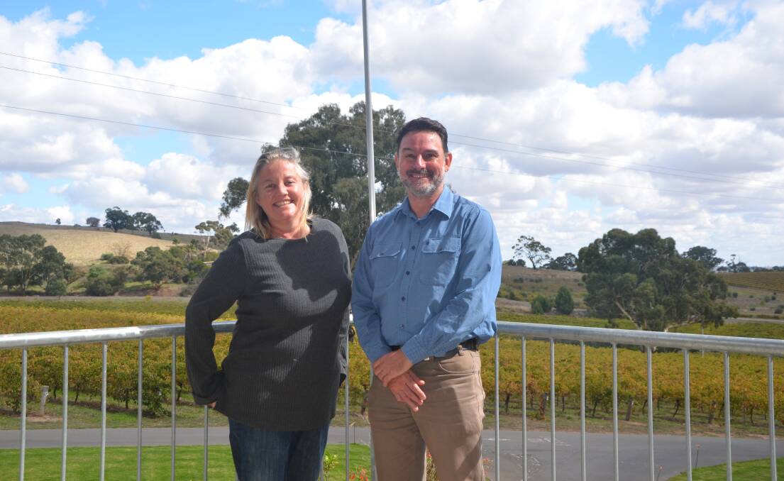 SA Drought Hub manager Kylie Piper and knowledge broker Tony Randall at a meeting between drought hub leaders at Angaston. Picture by Vanessa Binks. 