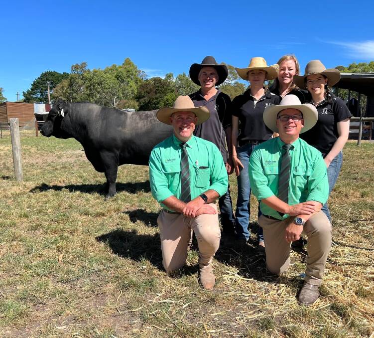 Newlyn Park Angus stud principal Gavin Newman with Tess, Meredith and Lucy Newman and Nutrien Ag's Andrew Wilson and Gordon Wood. Picture Supplied 