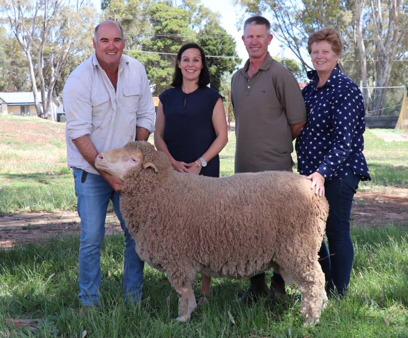 QUALITY SIRE: Hamilton Run Dohne stud principal Greg Andrews and Nicole Luckraft, sold HR160121 for $35,000 to buyers Darren and Fiona Cameron, Nurcoung, Vic. 