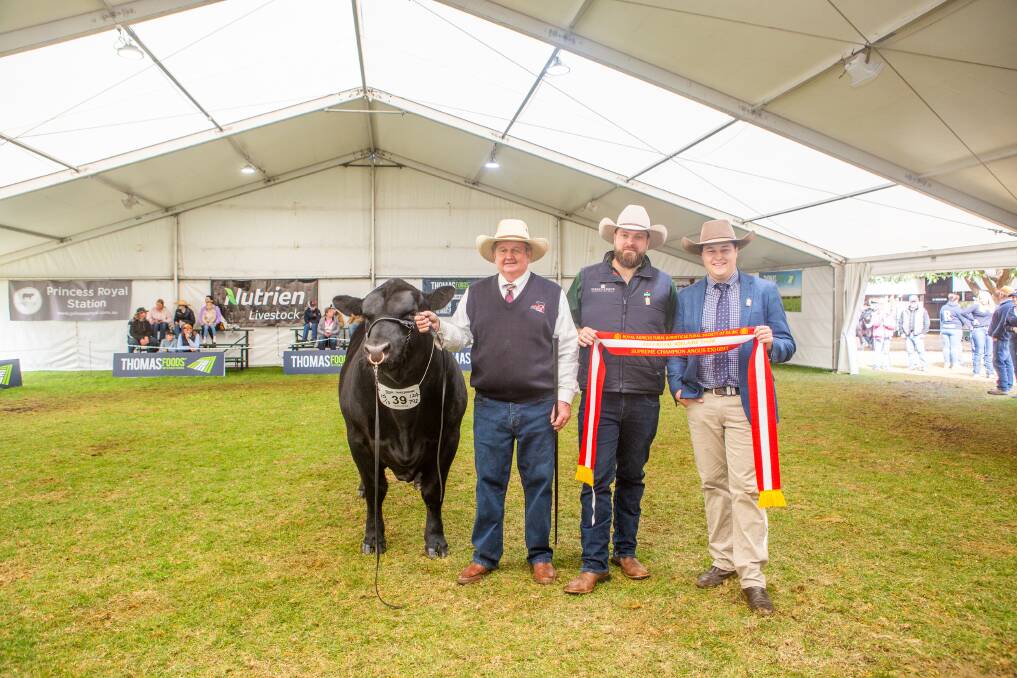 Angus supreme exhibit was sashed to Pine Creek stud's Greg Fuller, Cowra, NSW, Burgess, Weatherby's Scientific, and judge, Jack Laurie, Gloucester, NSW. Picture by Jacqui Bateman. 