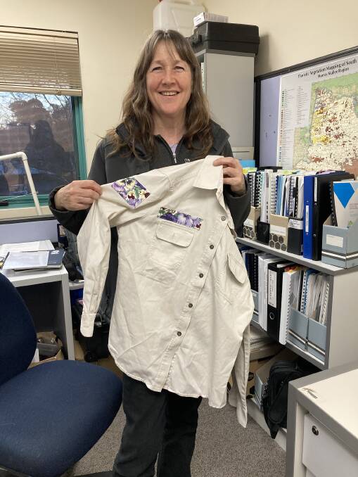 Murraylands and Riverland Landscape Board Project officer Kate Graham with a patched NRM shirt ready for re-use. 