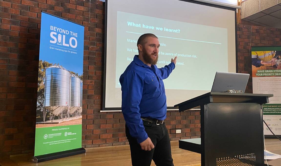 OFFERING ADVICE: Thomas Elder Markets lead grains analyst Andrew Whitelaw delivering a presentation to help SA growers master grain marketing. 