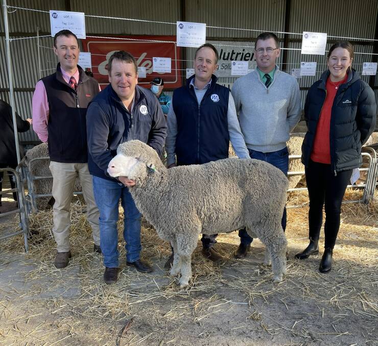 TOP RAM: Elders Keith agent Steve Doecke, Mulloorie's Paul Meyer and Brett Meyer, with Nutrien Tintinara agent Micheal Lawrence and Lucy Meyer. 