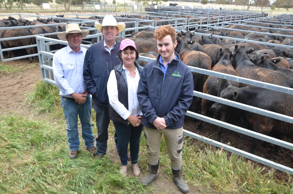 SALE TOPPER: Spence Dix & Co's Jono Spence with vendors Ian, Louise and Patrick Johnson at the Amherst circuit sale at Willalooka on Friday. 
