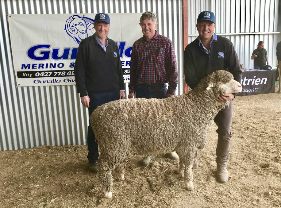 SECOND-HIGHEST: Stud principal Ray Schroeder with his son Brad holding the ram and buyer Stuart Everett, Lone Gum, Crystal Brook. 