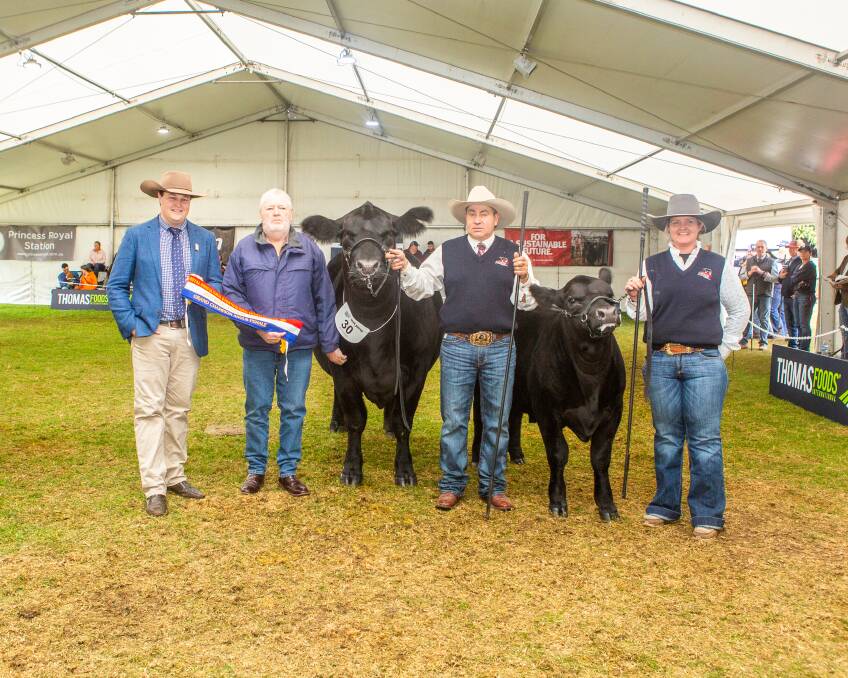Grand Champion Angus Female DSK Pep Martina R77, Judge Jack Laurie, Ron Cowley, Pinnaroo, Gavin Iseppe and Christie Lee Fuller. Picture by Jacqui Bateman. 