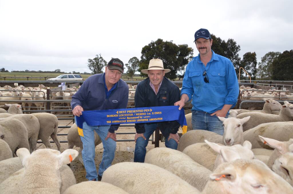 QUALITY PRESENTATION: Judge Peter Stock (centre), Lucindale, presenting Trevor and Lachie James, Coolawang, Mundulla, with the best presented pen which made $398. 