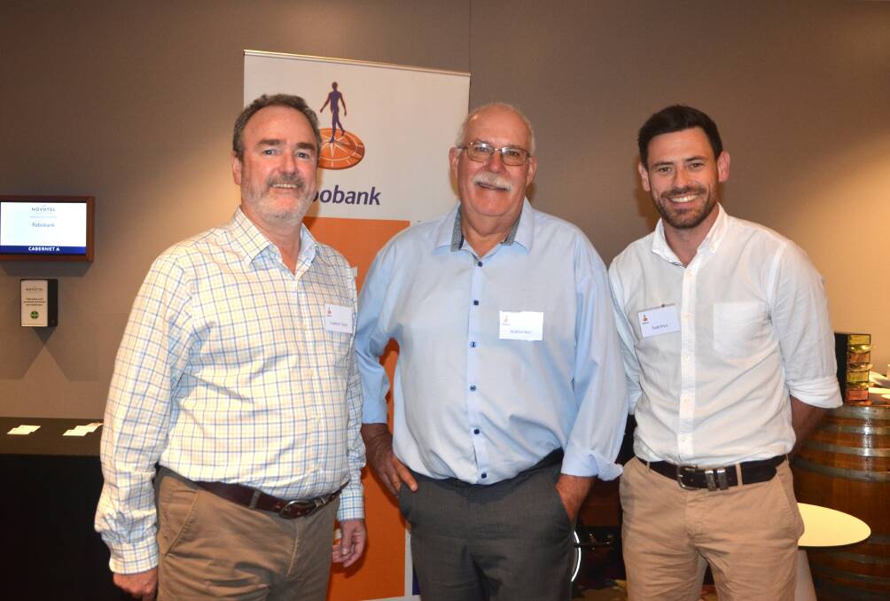 Rabobank head of client sustainability Crawford Taylor, Perth, WA, SA Grains Industry Trust chair Andy Barr, and Nutrien Ag Solutions sustainability field manager Todd Price were at a Barossa panel on Thursday night. Picture by Vanessa Binks 