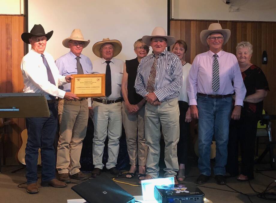 HALL OF FAME: Members of the Carrieton Rodeo committee Glyn Shackleford, Terry Williams, Geoff Power, Janet Williams, Wayne Williams, Val Power, Trevor Rowe and Gaye Rowe at the Hall of Fame induction. 