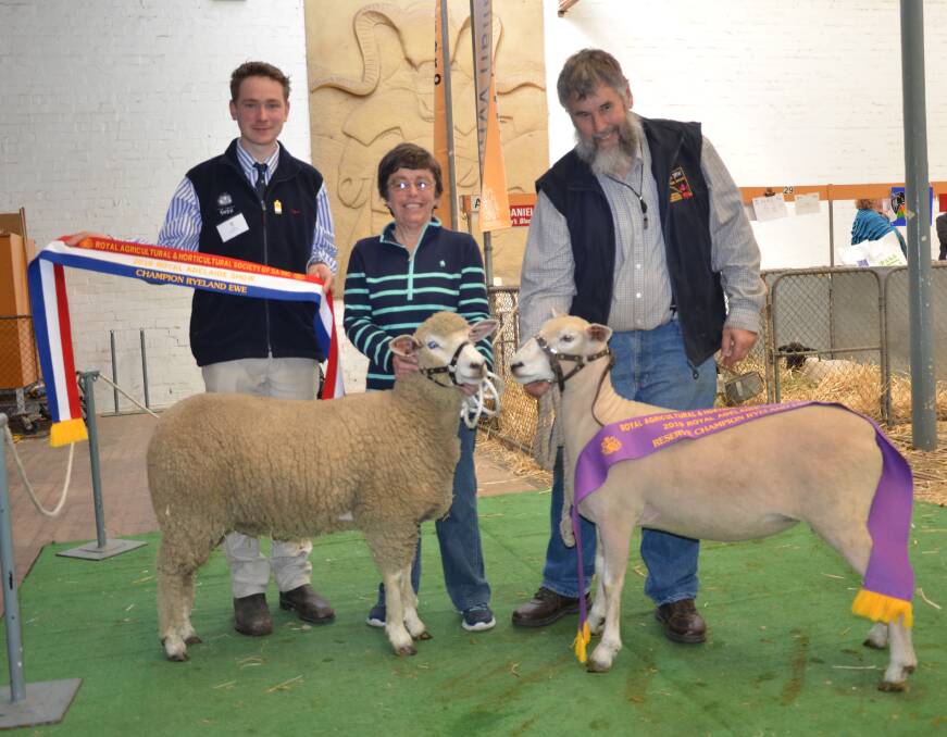 RIPPER RYELAND: Judge Daniel Lutz, Uptown Suffolks and Loffler Poll Dorsets, Henty, Vic, presents the champion and reserve champion ewe sashes to Julie and Michael Osborne, Ryeview, Millicent.