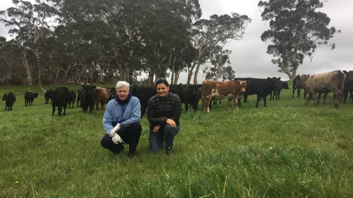 RESEARCH: FBG chair Mark Higgins with Melissa Rebbeck, who is conducting soil health, biochar and dung beetle trials on Mr Higgins' property.