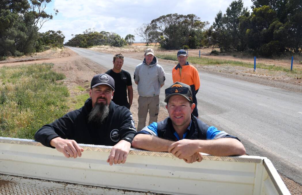 Local farmersand business owners gathered to voice their dismay at the state of Upper Yorke Road when it was announced as Grain Producers SA's worst grain road in December 2022.
In front were Sunny Hill Distillery owner Sam Colliver and farmer Sam Correll, while at back were local farmers Simon Westbrook, Tom Gardner and Paul Correll. File picture by Quinton McCallum