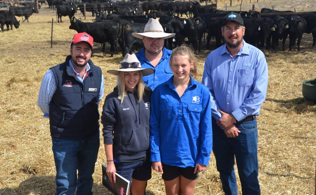 Back: Angus Australia extension manager Jake Phillips, Binnowie Angus's Will Watson, Coonalpyn, and Stoney Point stud manager Peter Colliver, with Will's daughters (front) Bridget and Matilda. The Angus Foundation donation heifer will form the foundation of Matilda's own herd within the family's enterprise.
