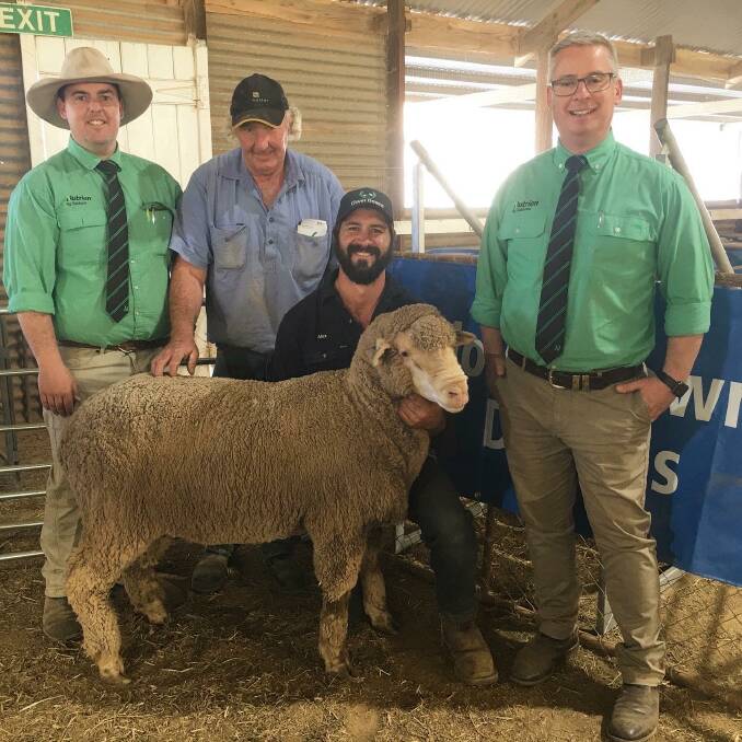 Pictured with the top-priced ram are Nutrien's Peter Marschall, buyer Kevin Ritchie, Clover Downs principal Alex Mattschoss and Nutrien's Gordon Wood.