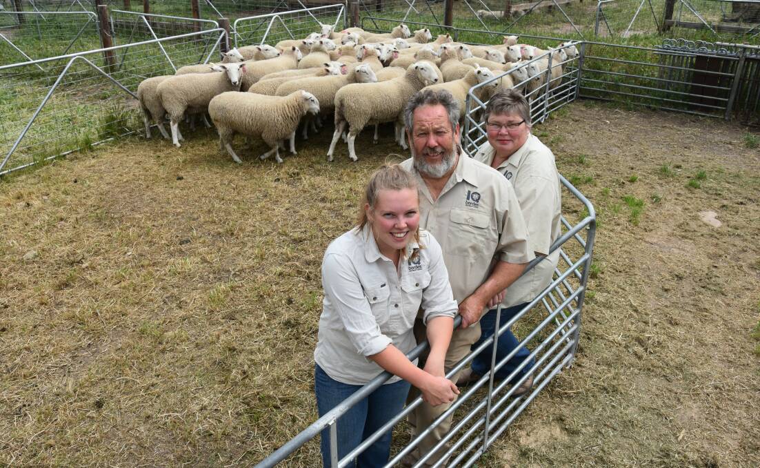 Inverbrackie Border Leicester's Ellen, Lynton and Claire Arney drafting rams after their hugely successful sale. Averages and clearance rates for Border Leicester ram sales have risen considerably across the state this year.