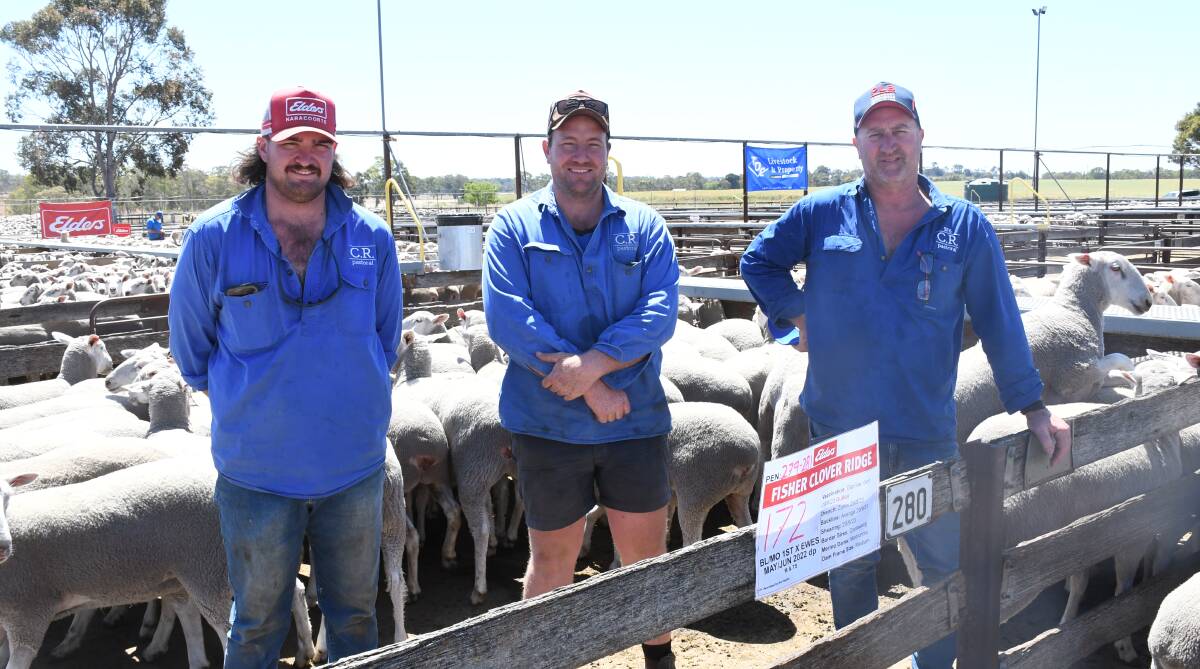 Greg Fisher (right), Clover Ridge Pastoral, received $206 for his top run of first-cross ewes. He is pictured with workers Sam Gogel and Scott Williams
