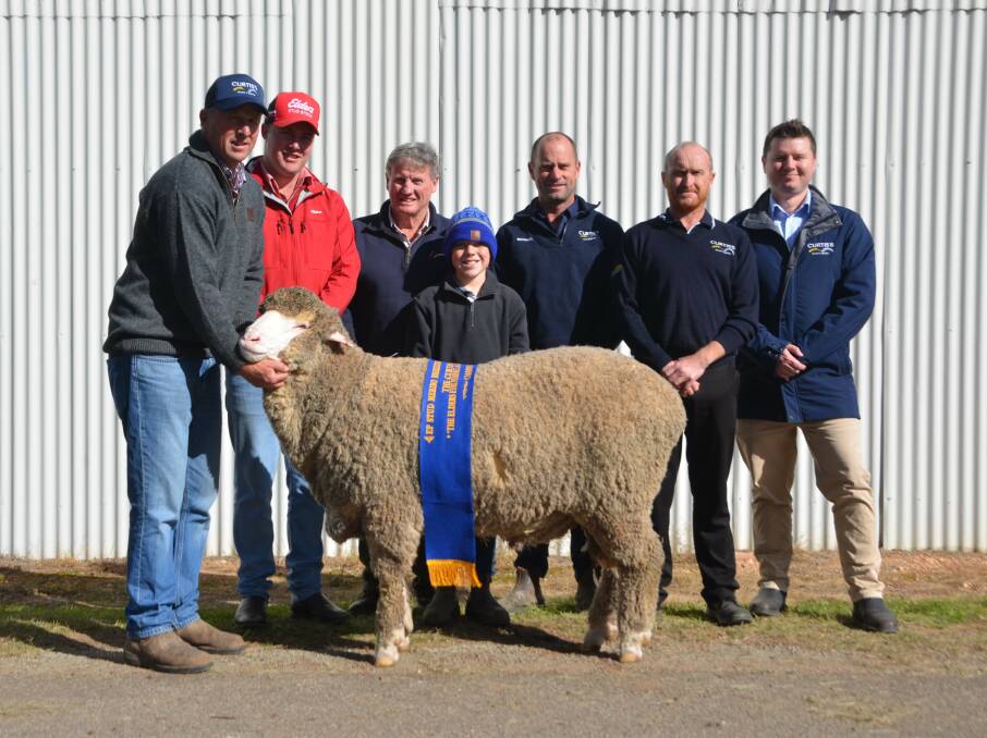 Showing off the EP hogget ram of the year are White River principal Wes Daniell, Elders stud stock's Alistair Keller, judge Russell Jones, Trundle, NSW, White River's Freddie Daniell, and sponsors of the EP Merino Pre-Sale Expo, Curtis's Michael Curtis, Jonny Beard and Ricky Trenberth.