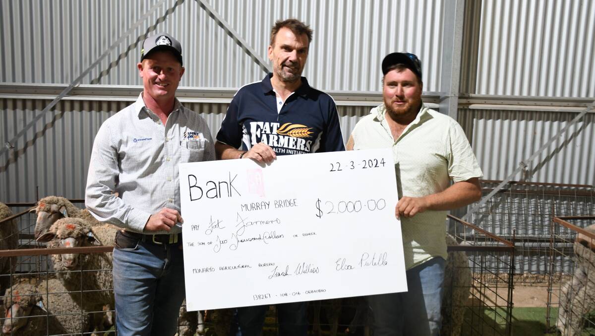 Fat Farmers chairman Richard Sheppy (middle) receives a cheque for $2000 from the Monarto Ag Bureau, presented by Spence Dix & Co's Simon Lehmann and Monarto Ag Bureau's Lincoln Williss.