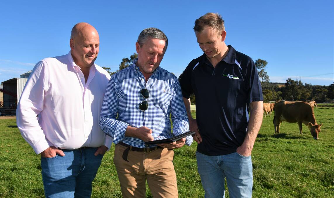 COW TO CONSUMER: David Basham, Datahash director David Travers and dairyfarmer Nick Brokenshire at the launch of the traceability trial.
