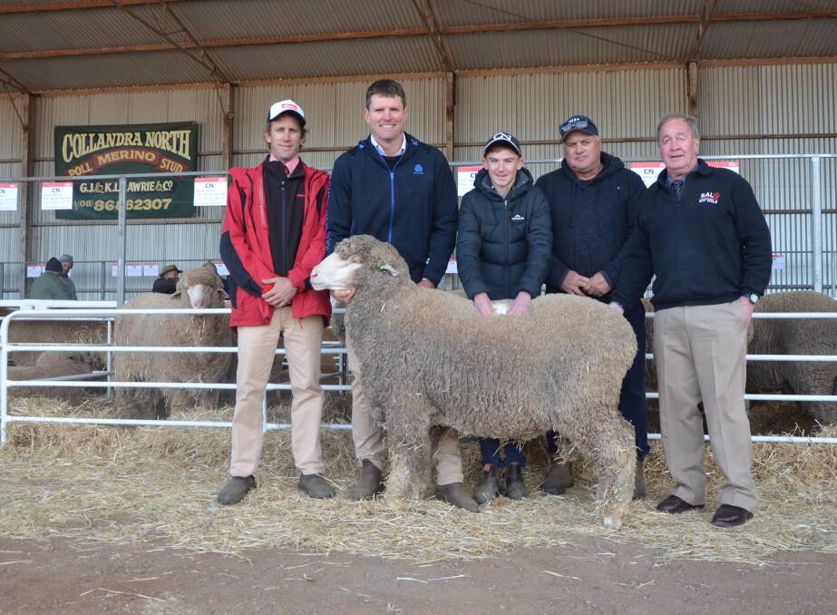 SALE TOPPER: Elders Tumby Bay agent Braden Southern, Collandra North principal Sydney Lawrie, top price ram buyers Jack and Shane Kelsh, Calcra Pastoral, Streaky Bay, and SAL Tumby Bay livestock agent Colin McFarlane.