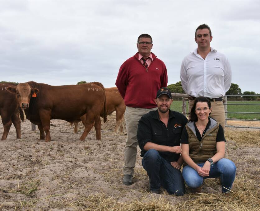 Elders auctioneer Tony Wetherall with top price bull buyer on behalf of Struan Research Centre, Thomas Elders Consulting's Michael Wilkes, and Raven principals (front) Jason and Penny Schulz. Mr Wilkes secured Raven Red Privilege (pictured) for $8000.