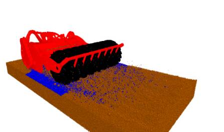 DEM SPADING SNAPSHOT: Computer simulations of full-size implements operating in soil-like virtual bins enable rapid optimisation of performance with limited field validation testing.