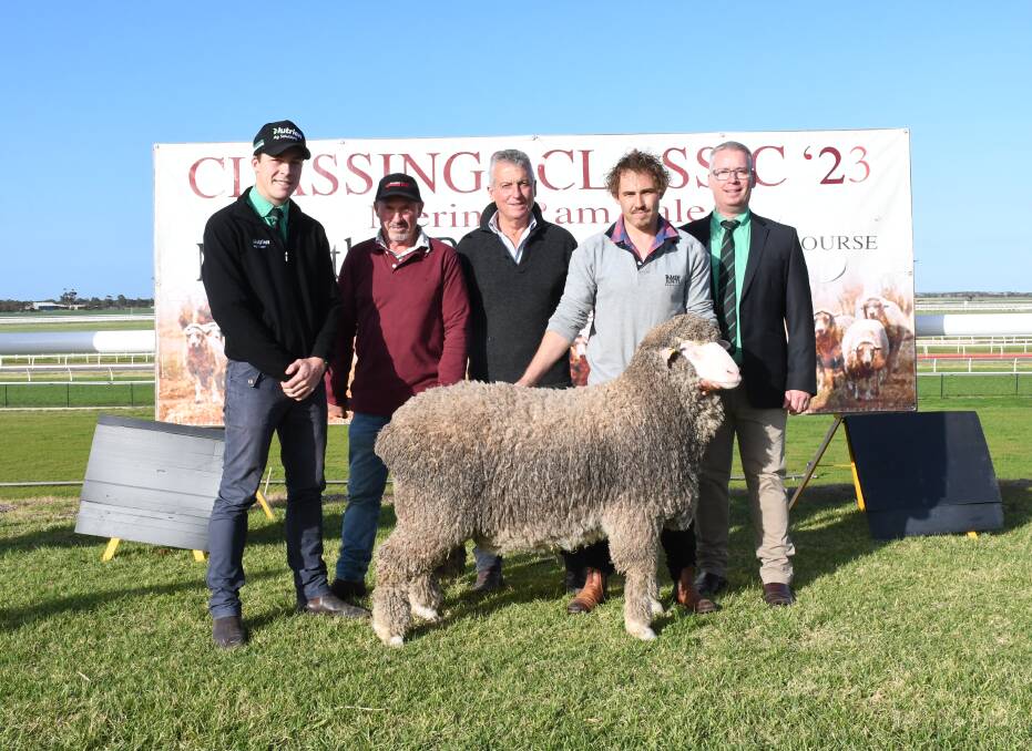 Another successful Classings Classic was enjoyed by Ridgway Advance, Senior. With the $35,000 sale topping ram are Nutrien Bordertown's Jack Guy, Ridgway Advance's David Ridgway, Classing Limited's Bill Walker, Ridgway Advance's Devon Ridgway and Nutrien stud stock's Gordon Wood.